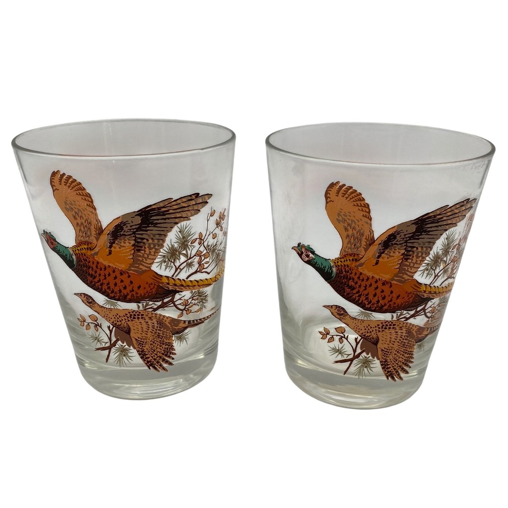 Vintage Pheasant Game Bird Drinking Glass Set of 2 Clear Tapered MCM Barware